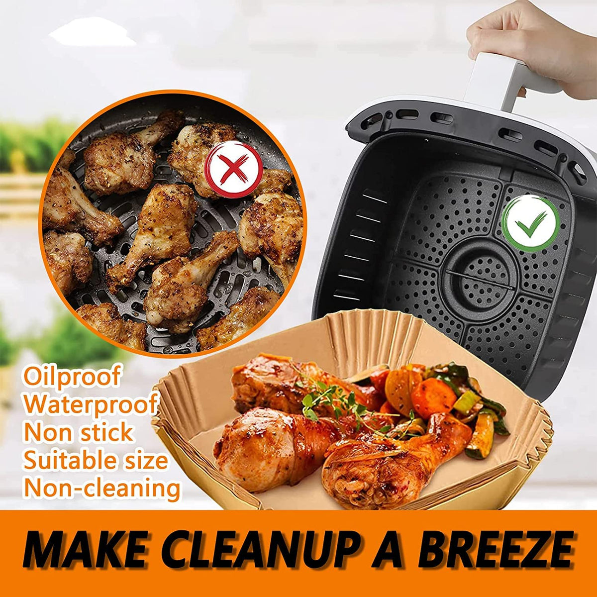 ZOWVAAM heat-resistant parchment liner maintains flavor and basket protection.