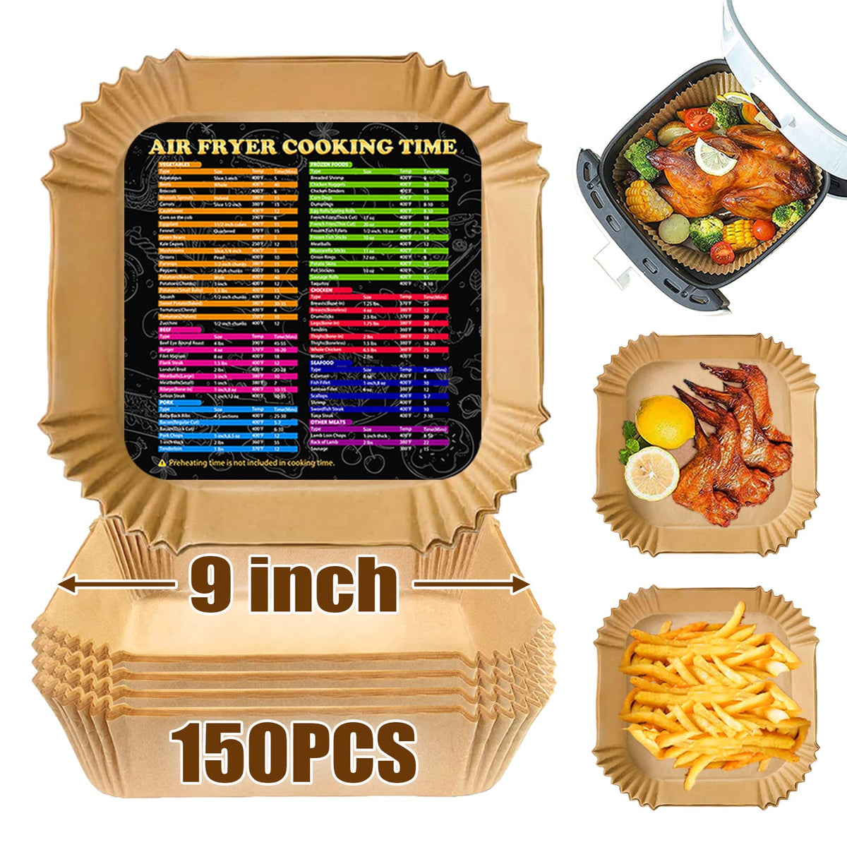 ZOWVAAM air fryer liners square 9 inch package view for mess-free meals.
