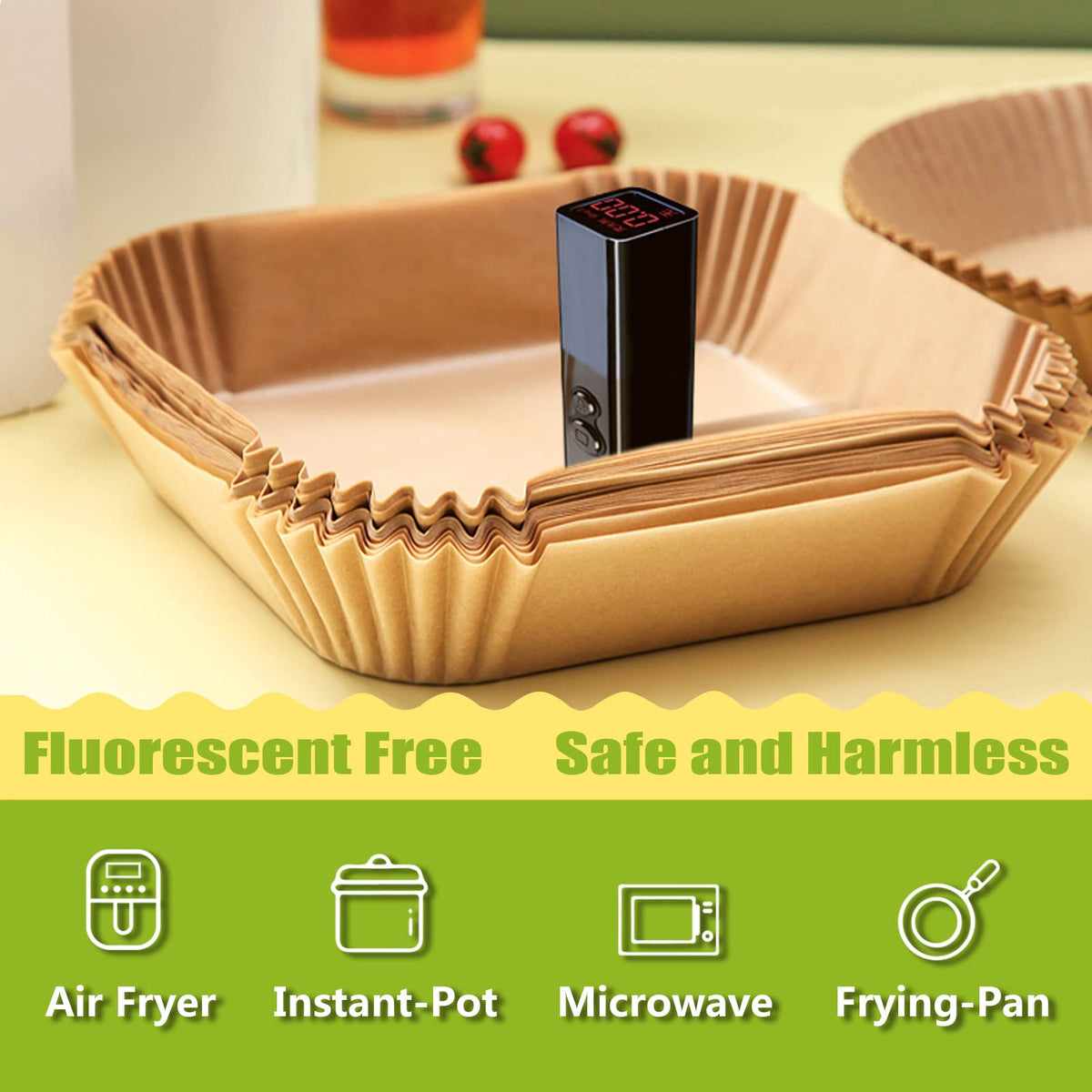 Parchment paper detail shows heat-resistant surface.