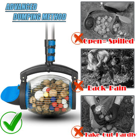 Zozen Nut Gatherer dump-way design keeps nuts secure during pickup and easy dumping.