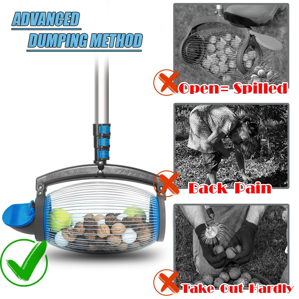 Zozen Nut Gatherer collects nuts from 3/4 to 2 inches on grass