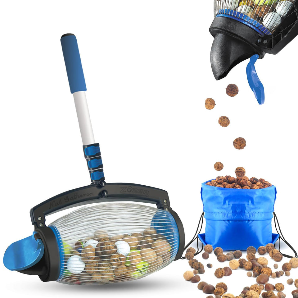 Zozen Nut Gatherer in action with ergonomic handle for easy pickup