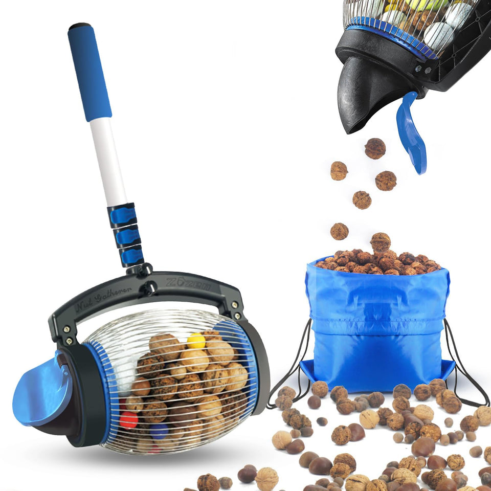 Zozen Nut Gatherer rod assembly enables adjustable height for ergonomic use.