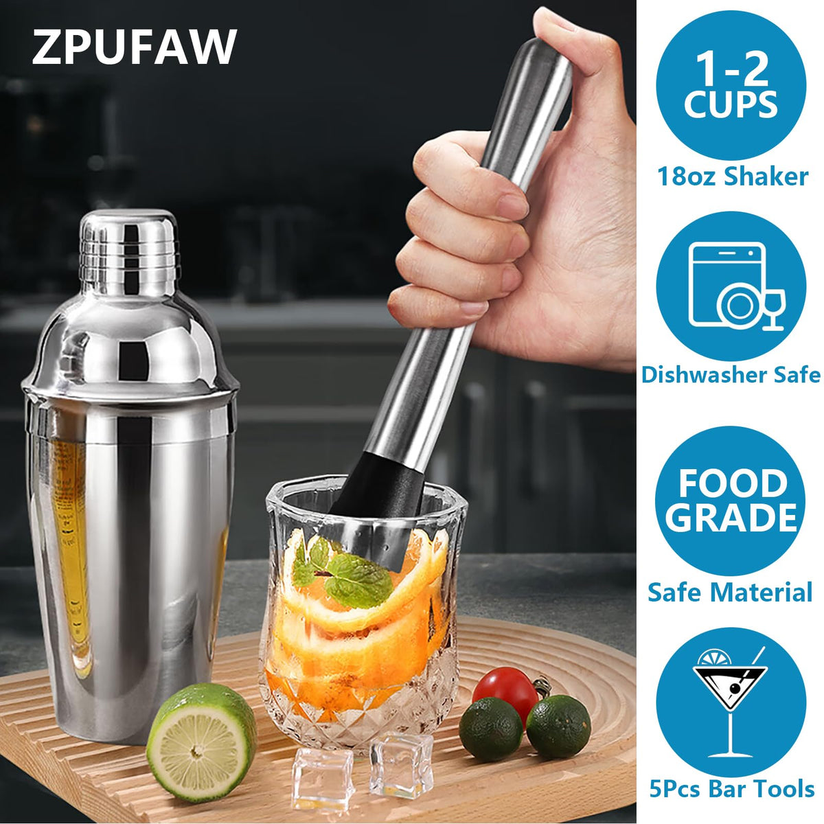 ZPUFAW shaker with strainer and jigger, perfect for home bartending.