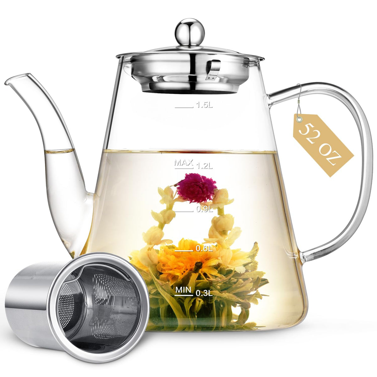 Zpose 1500ml glass teapot with infusion basket for shared tea moments.