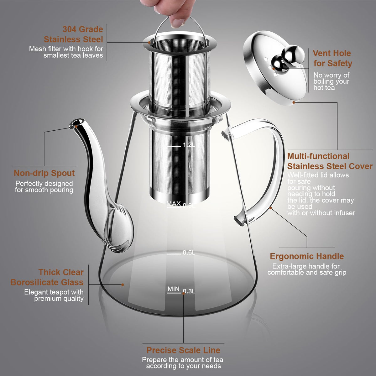 Zpose glass teapot with scale line aids exact measurements for your brew.