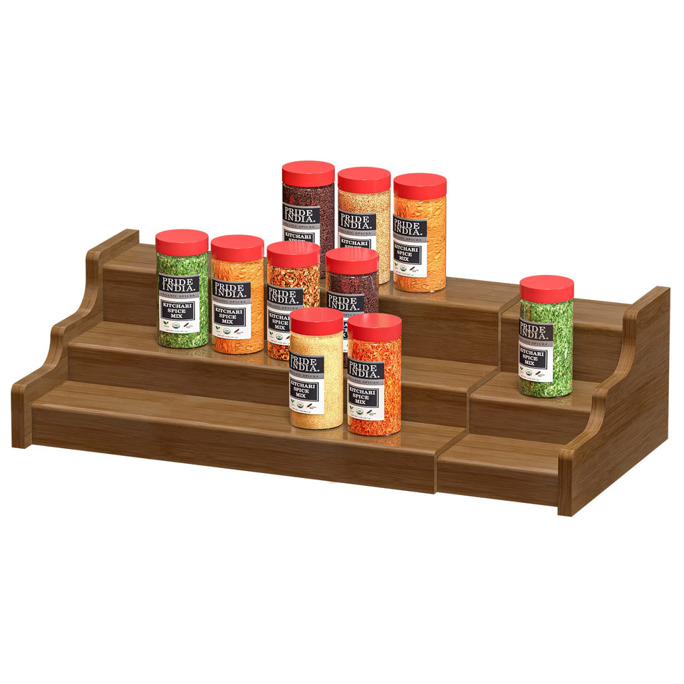 Zri Bamboo spice rack 3-tier display keeps jars neatly organized.