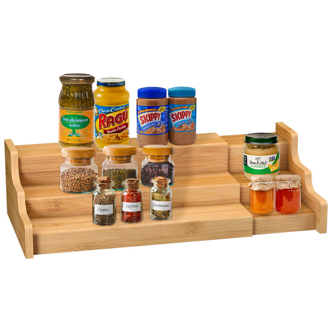 Zri Bamboo Spice Rack 3-Tier yellow front view for organized kitchen storage.