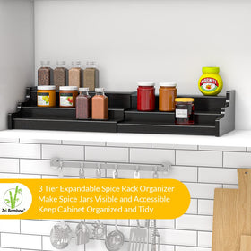 Zri Bamboo spice rack cabinet black stores jars neatly on a wide shelf.