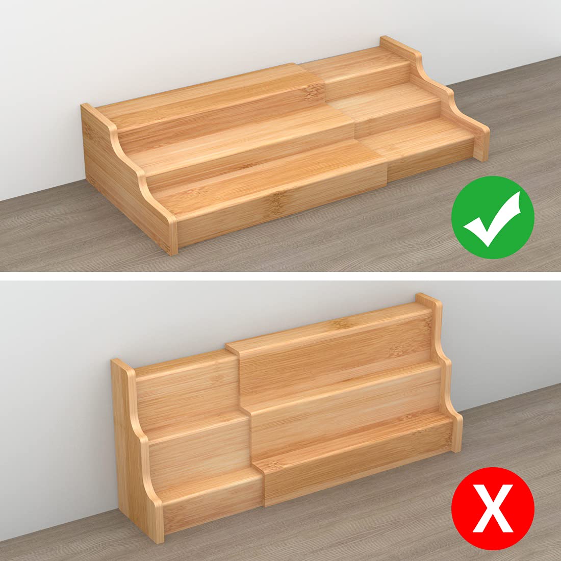 Zri Bamboo spice rack expandable demonstrates flexible cabinet space.