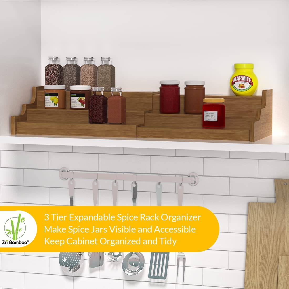 Zri Bamboo extendable spice rack shows adjustable width for larger cabinets.