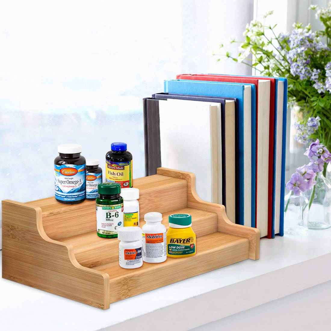 Zri Bamboo spice rack in-cabinet keeps jars visible and accessible.