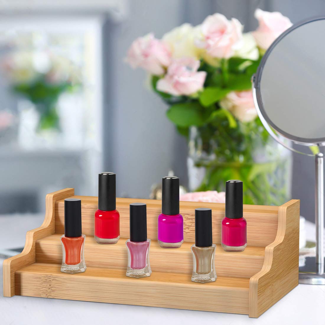 Zri Bamboo spice rack organizes bottles for easier recipe prep.