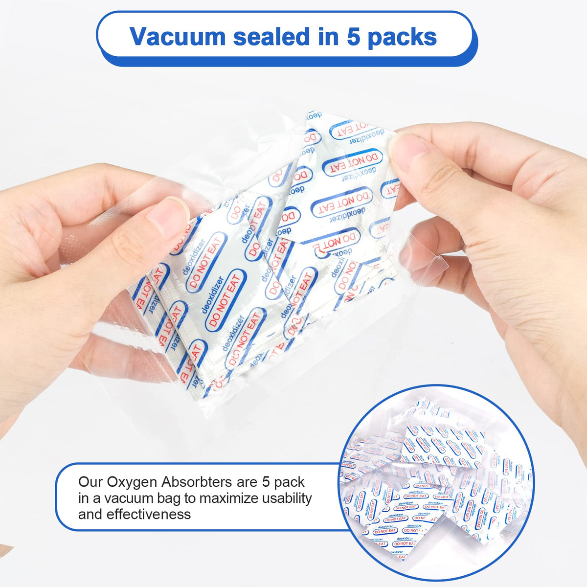 ZRLEI 500cc absorbers inside a Mylar bag for dry goods storage.
