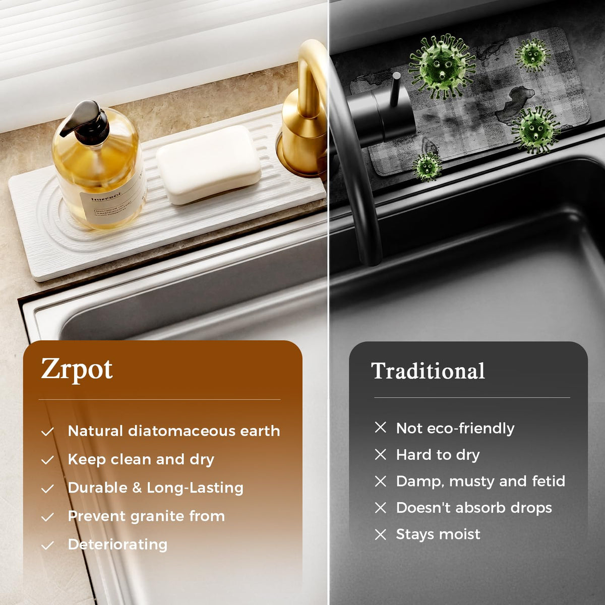 Zrpot diatomite mat dries quickly around faucet area