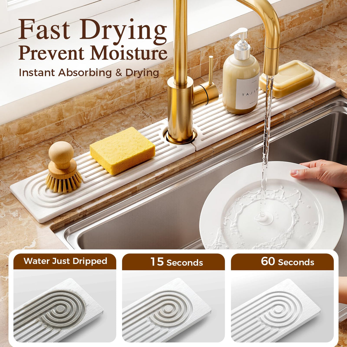 Zrpot stone faucet mat organizing soap and sponges at sink