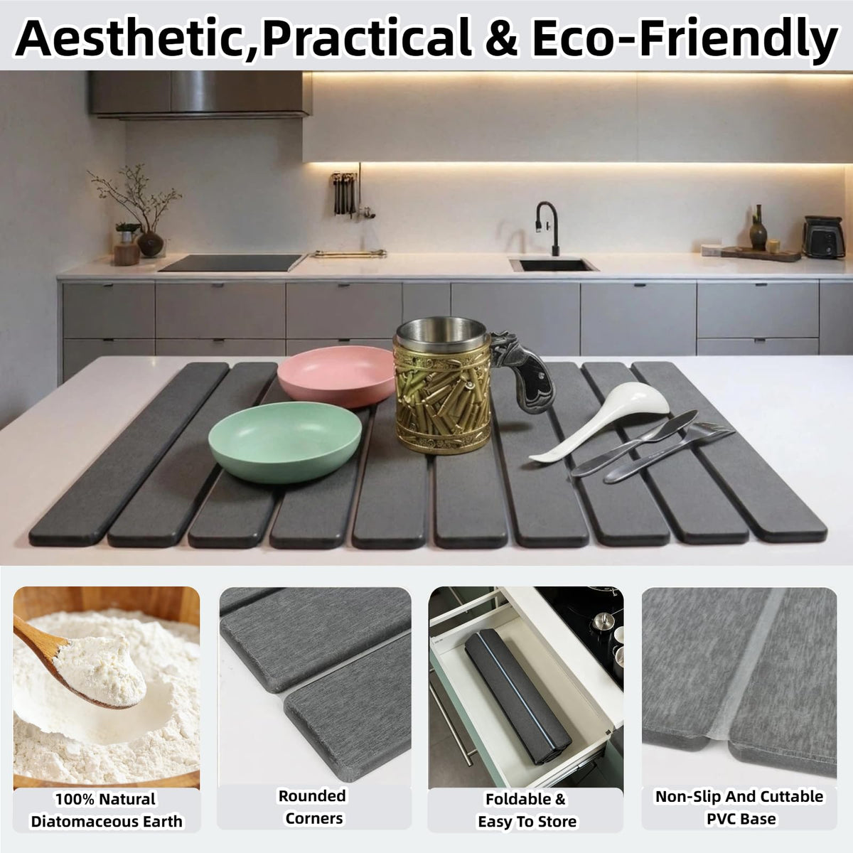 ZSWLXLW foldable drying mat rolled for compact storage in small kitchens.