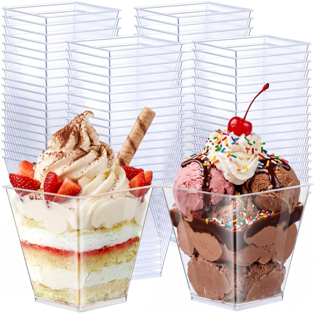 Zubebe 100-pack square cups 8oz clear for elegant dessert servings