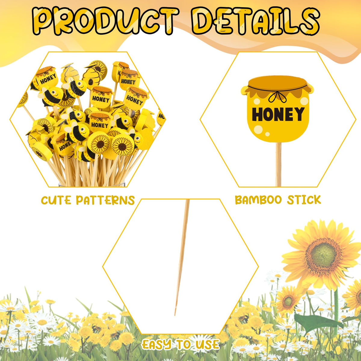 Zubebe Summer Bees bee-pattern picks enhance presentation for drinks and trays