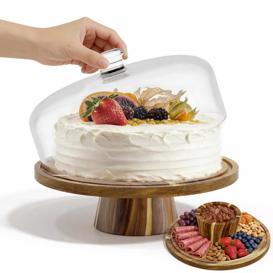 ZUJJAFY 12-inch acacia wood cake stand with dome lid showcases elegant wedding desserts.