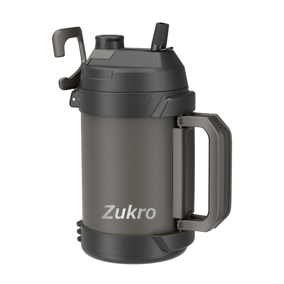 Zukro 1-gallon insulated stainless steel jug keeps beverages cold longer for outdoor adventures.