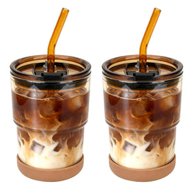 Zukro 13 oz glass iced coffee cup with lid and straw for spill-free on-the-go enjoyment