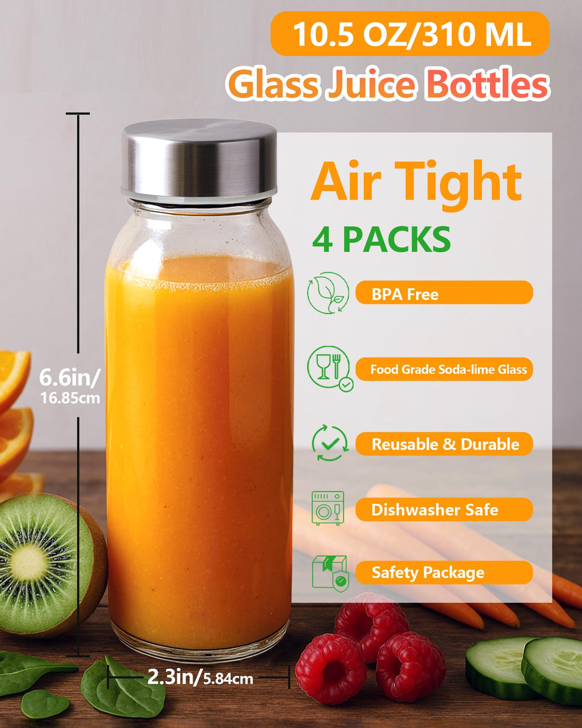 Zukro clear glass bottle with stainless steel cap shows beverage and stays fresh