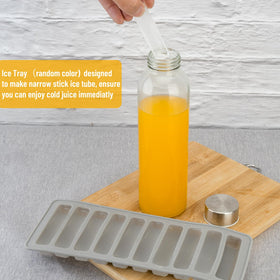 Compact glass bottle fits in fridge shelves for chilled drinks.