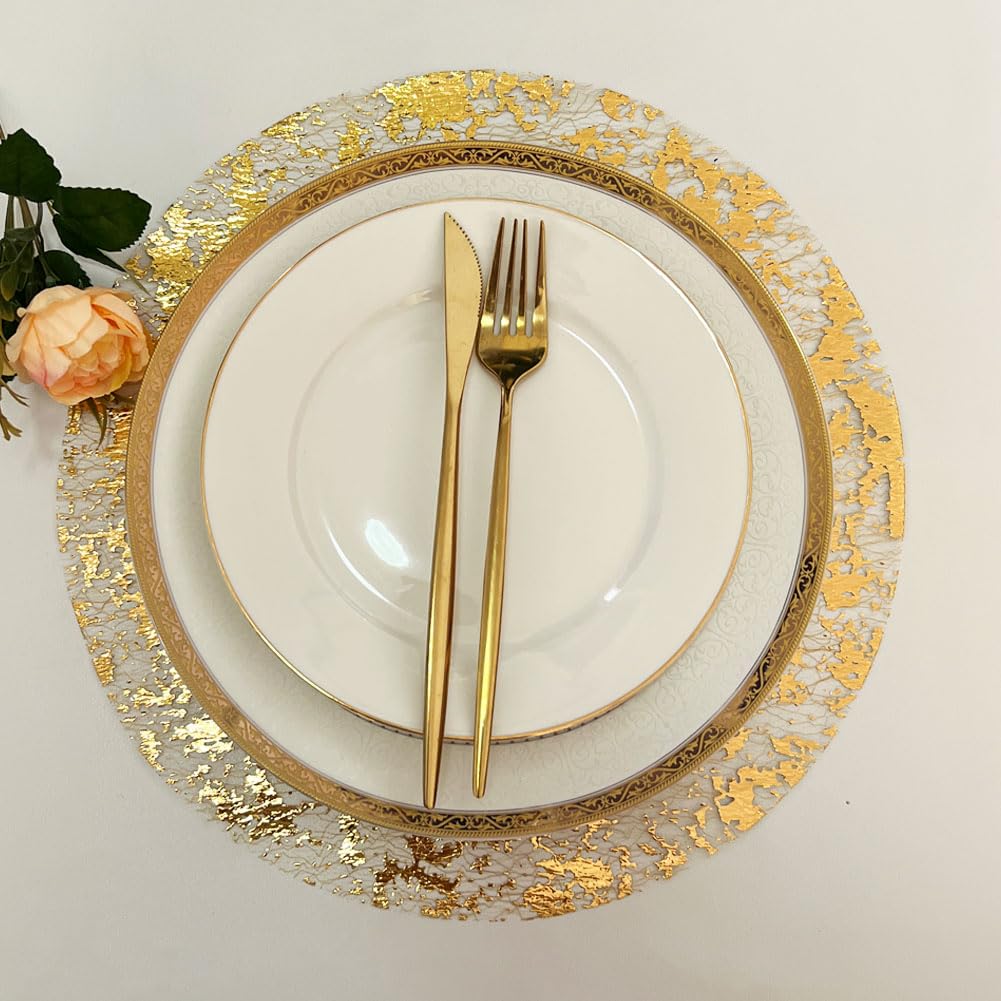 Zulaniu gold disposable placemats 13-inch with mesh design elevate table settings for any occasion.