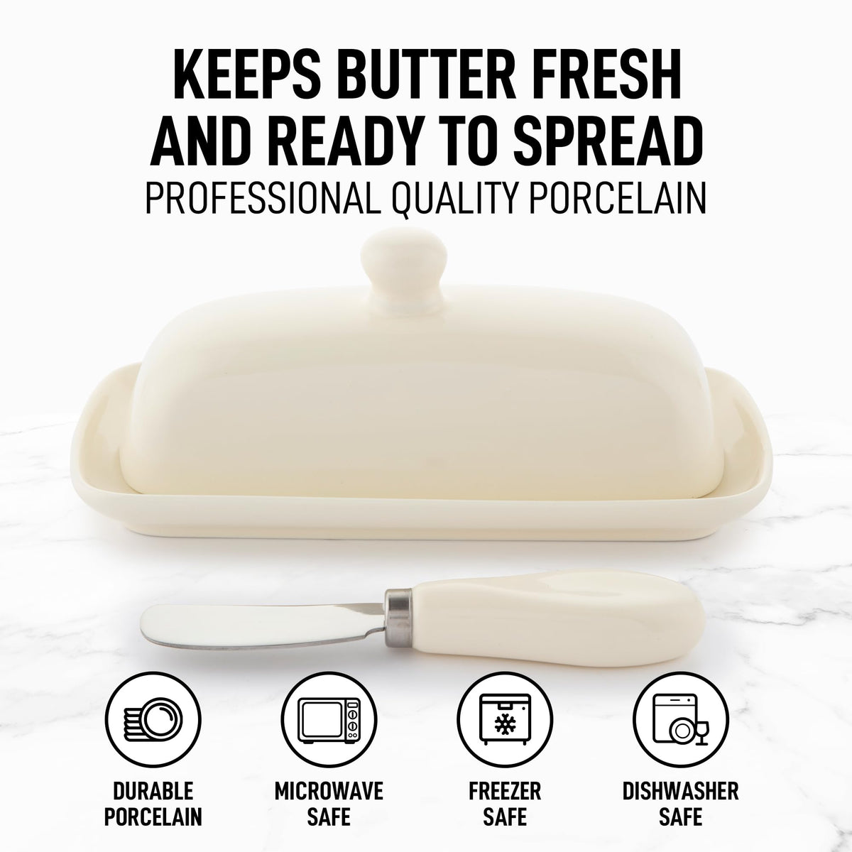 Zulay butter dish on countertop showing compact size for easy toast prep.