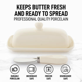 Zulay butter dish on countertop showing compact size for easy toast prep.