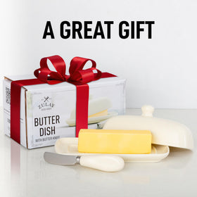Zulay butter dish shown as microwave-safe and easy to clean.