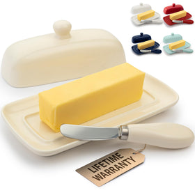 Zulay Butter Dish with ivory porcelain lid on countertop for elegant kitchen prep.