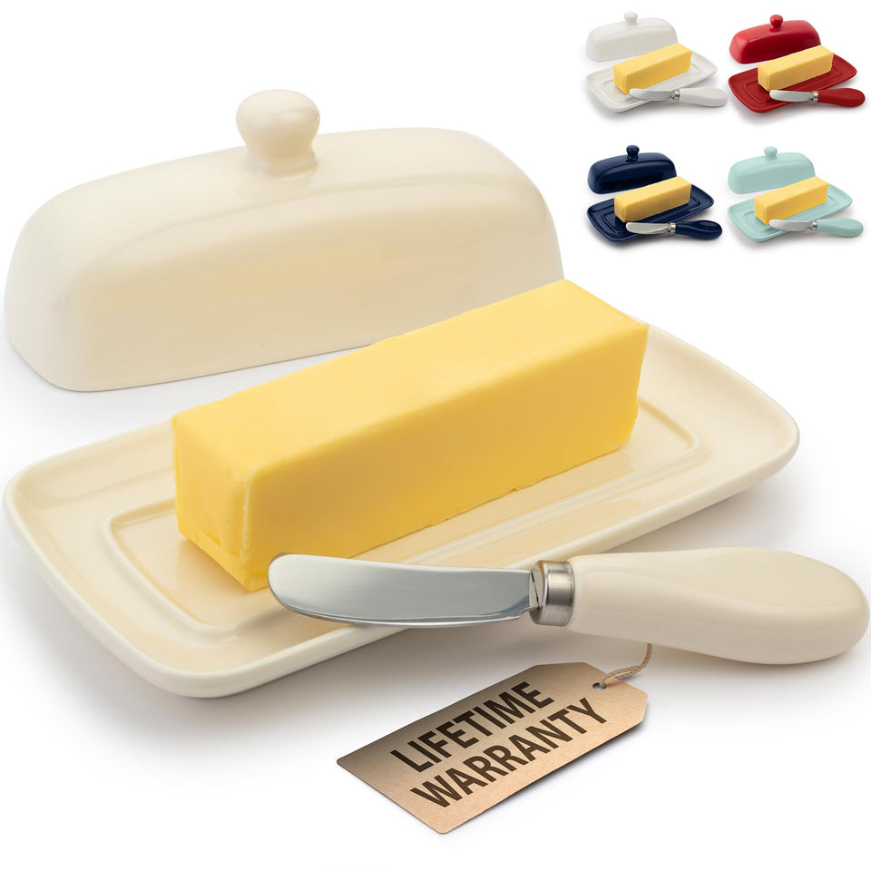 Zulay Butter Dish with ivory porcelain lid on countertop for elegant kitchen prep.