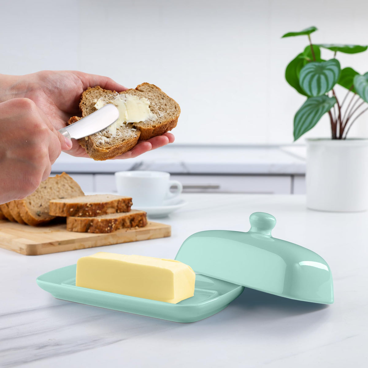 On the counter, this mint porcelain dish complements kitchen styling and function