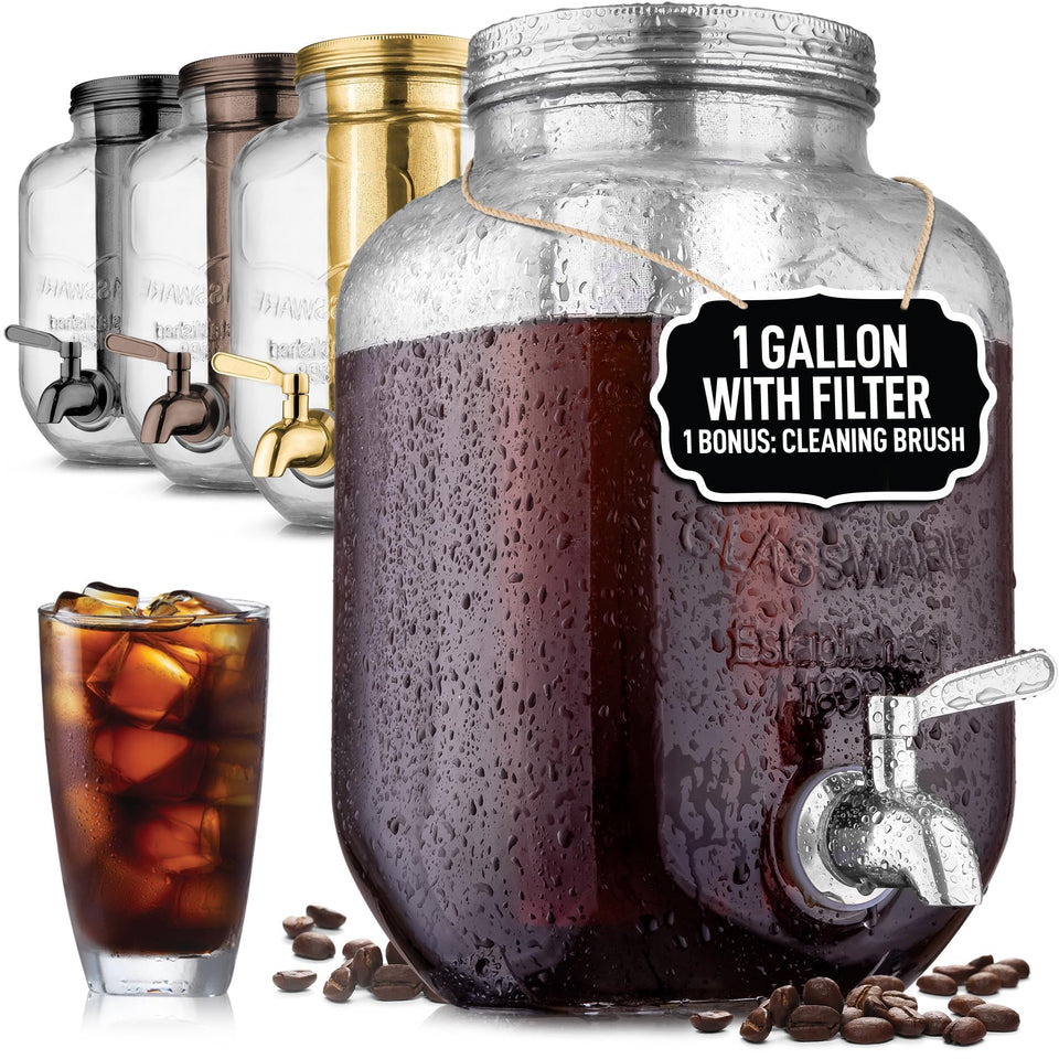 Zulay Cold Brew 1-Gallon Pitcher with stainless filter ensuring clean, smooth coffee.