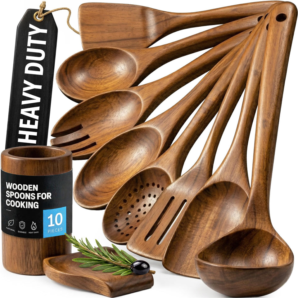 Zulay Kitchen 10-piece wooden spoons with salad spoon for versatile cooking.