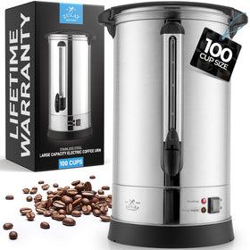 Zulay Kitchen 100-cup coffee maker with double-wall insulation keeps coffee hot longer.