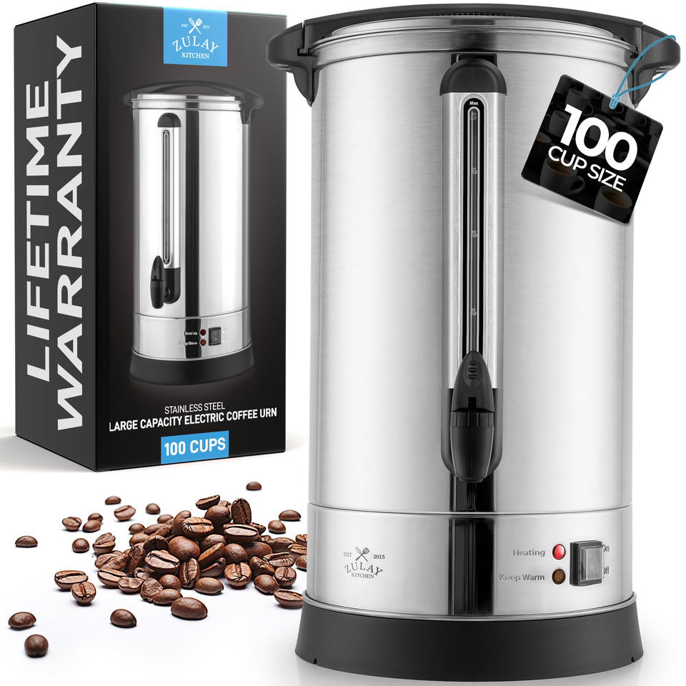 Zulay Kitchen 100-cup coffee maker with double-wall insulation keeps coffee hot longer.