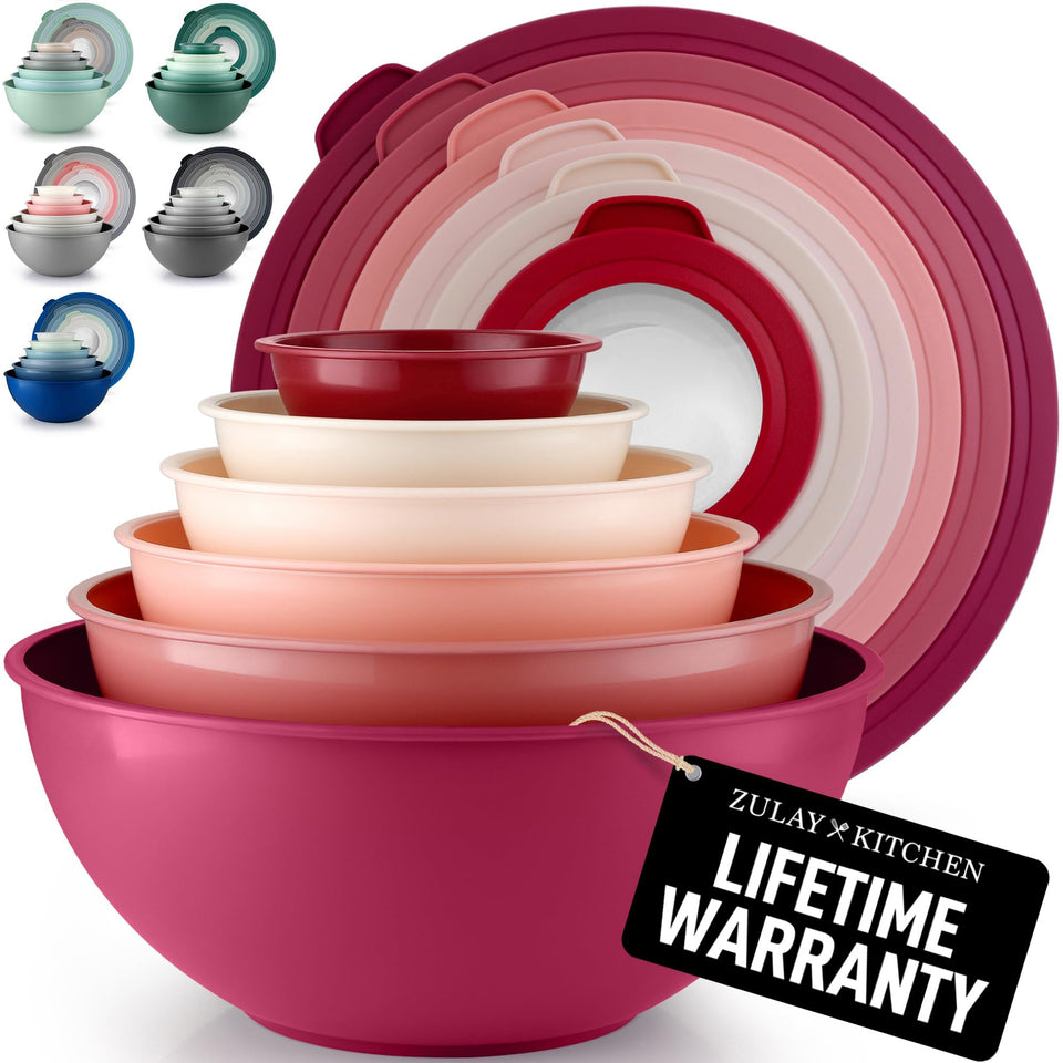 Zulay Kitchen 12-piece plastic mixing bowls with lids for organized prep and storage.