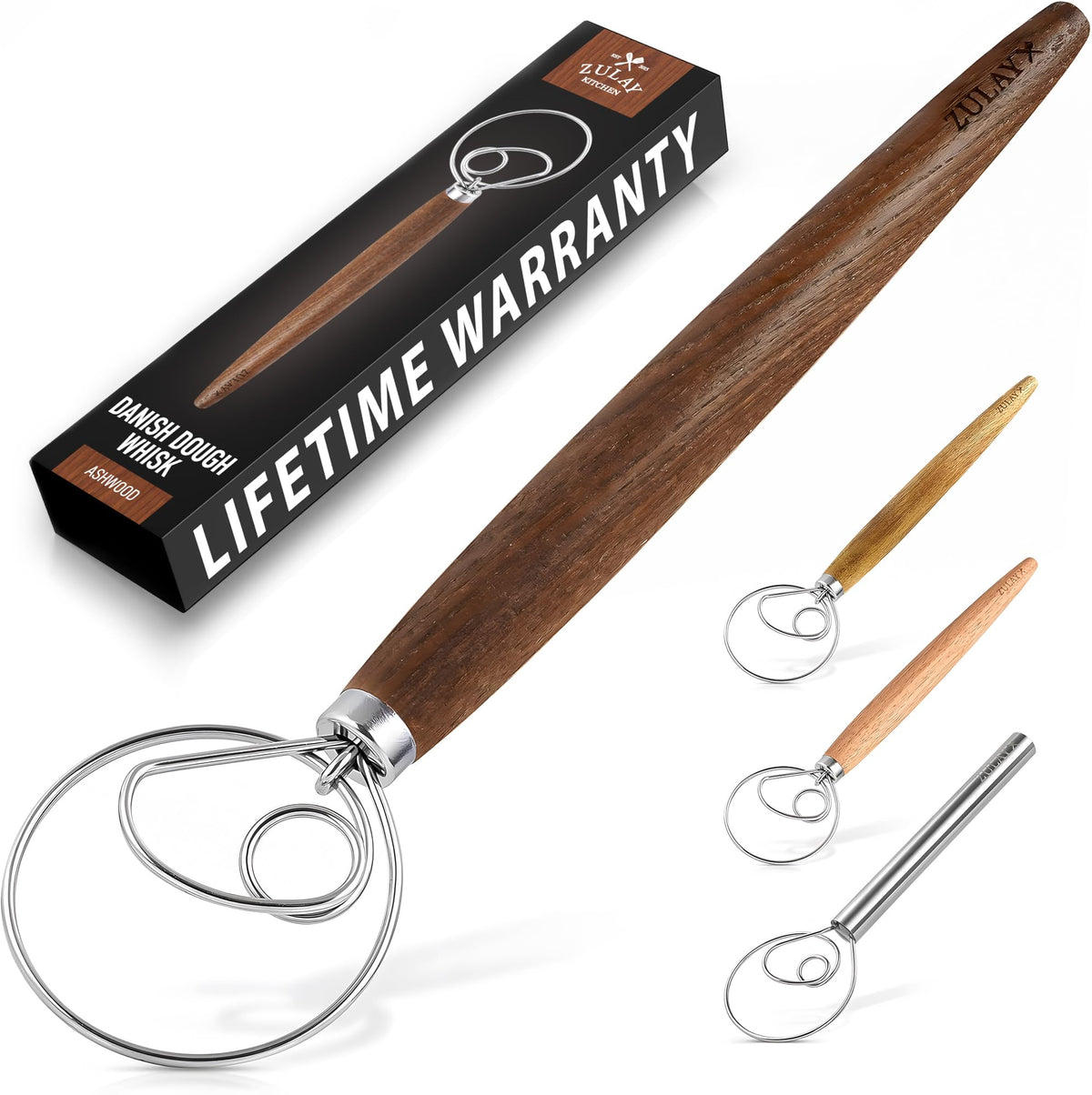 Zulay Kitchen 13-inch Danish dough whisk with ashwood handle close-up for quick, smooth dough.