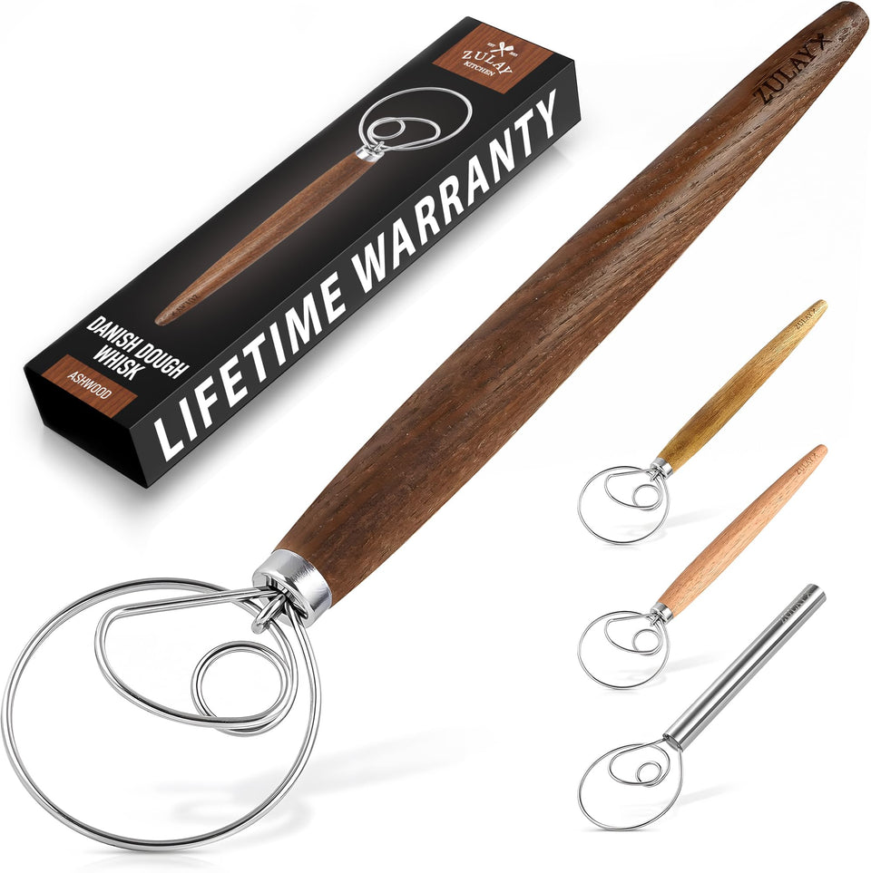 Zulay Kitchen 13-inch Danish dough whisk with ashwood handle close-up for quick, smooth dough.