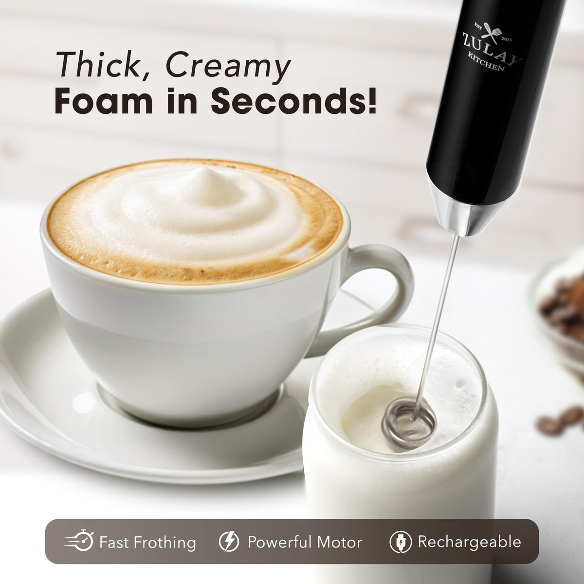 Zulay Kitchen 2-speed motor frother for quick, velvety foam.