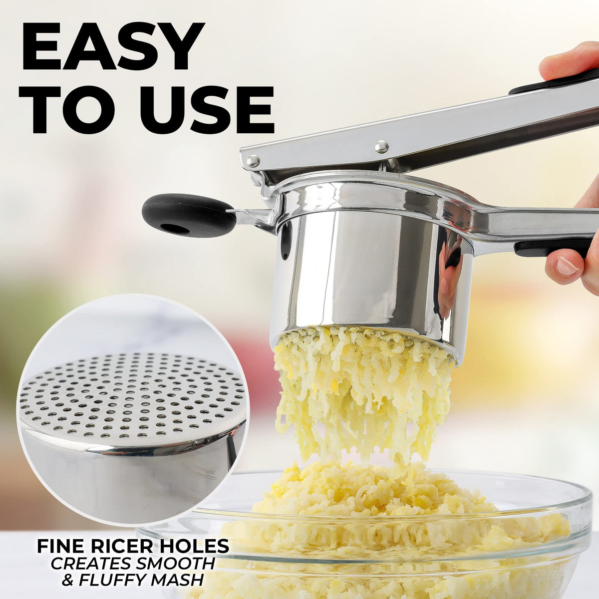 Zulay Kitchen 3mm-hole ricer for smooth, lump-free potatoes.