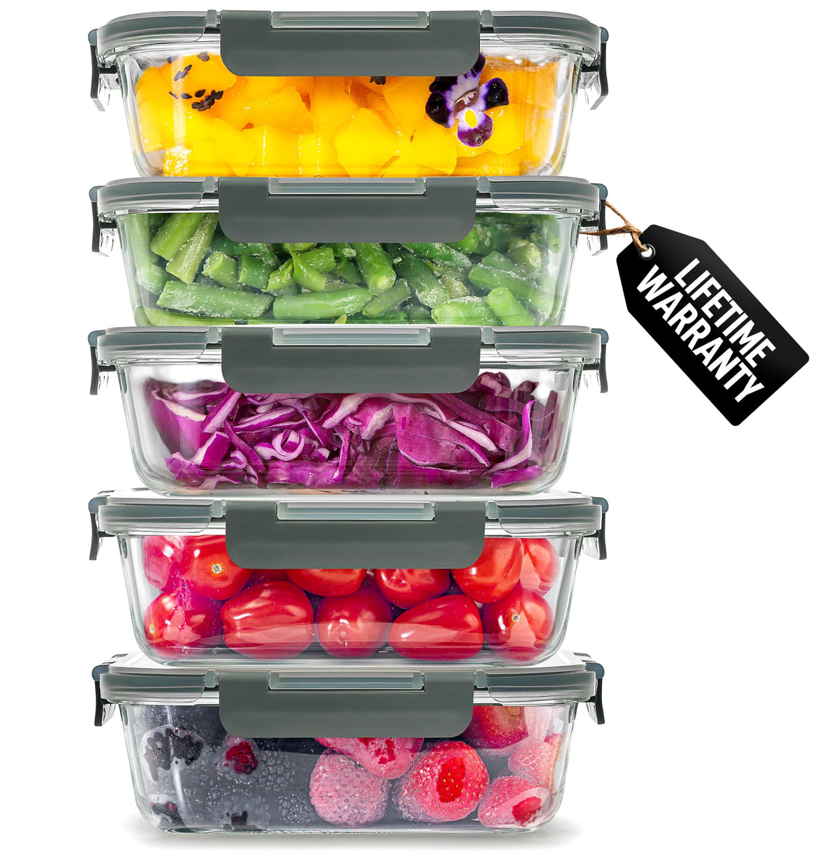 Zulay Kitchen 5-piece 36oz glass containers with airtight lids for meal prep.