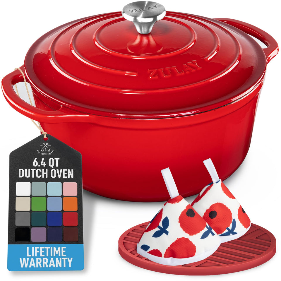 Zulay Kitchen 6.4QT enameled Dutch oven ablaze red with lid ideal for family meals