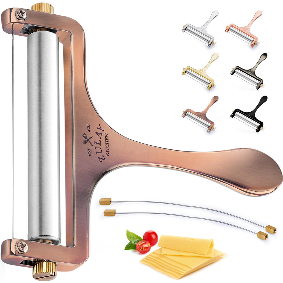 Zulay Kitchen adjustable cheese slicer roller closeup for precise, even thin slices.