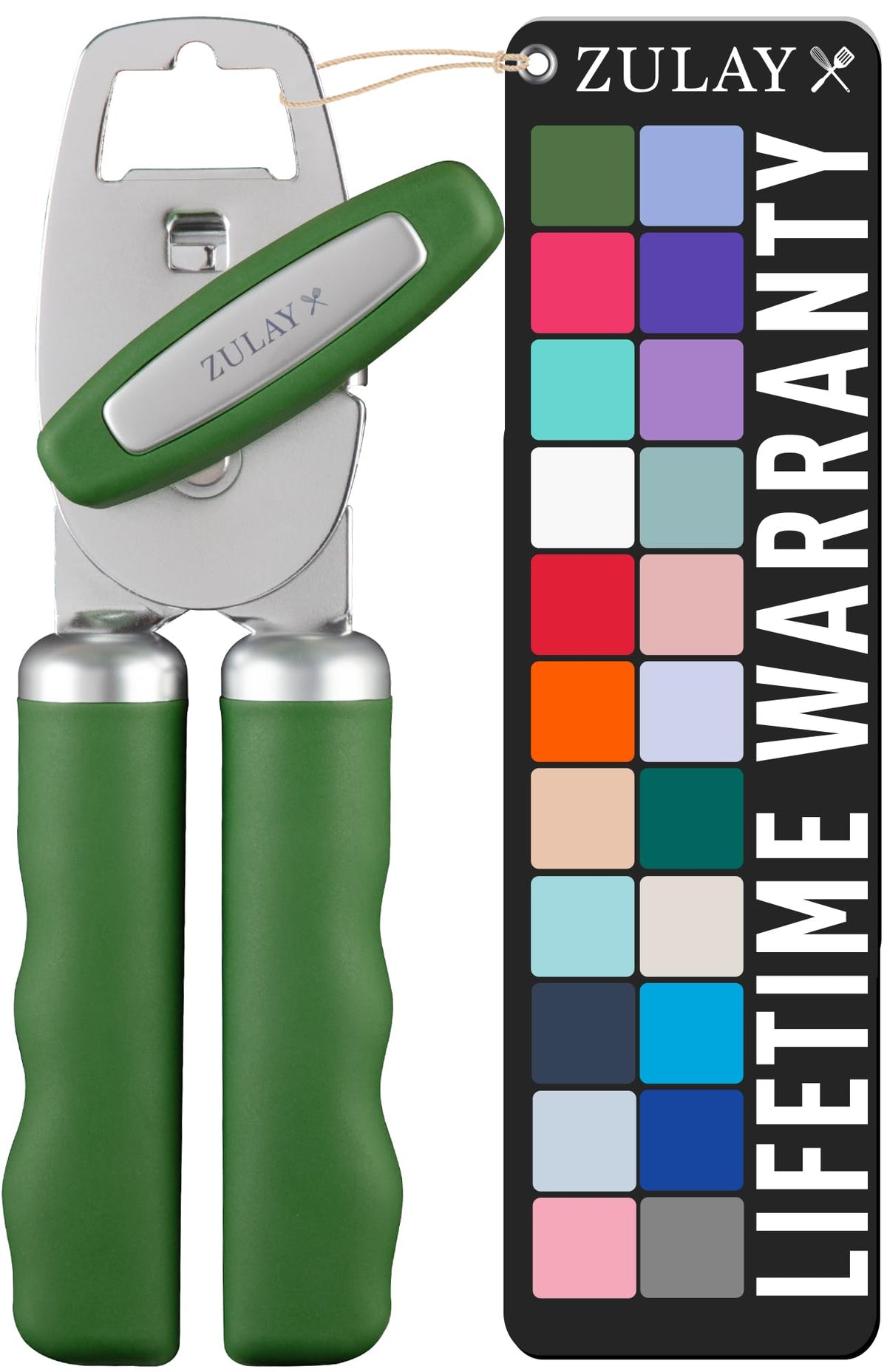 Zulay Kitchen heavy duty can opener in artichoke green on counter for easy use.