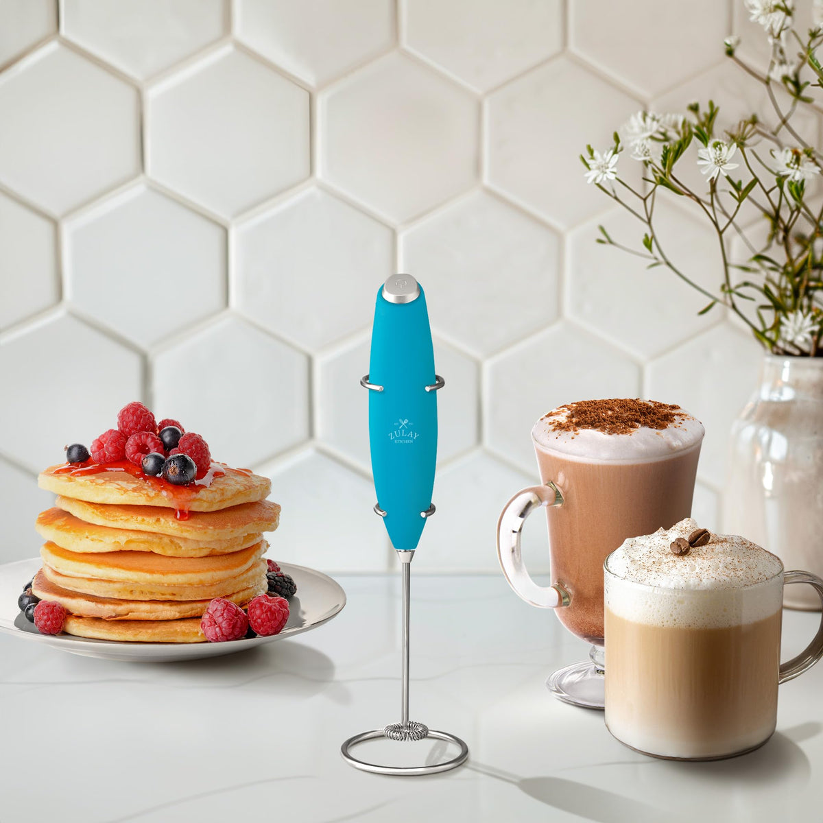 Battery-powered frother works cordlessly anywhere.