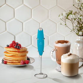 Battery-powered frother works cordlessly anywhere.